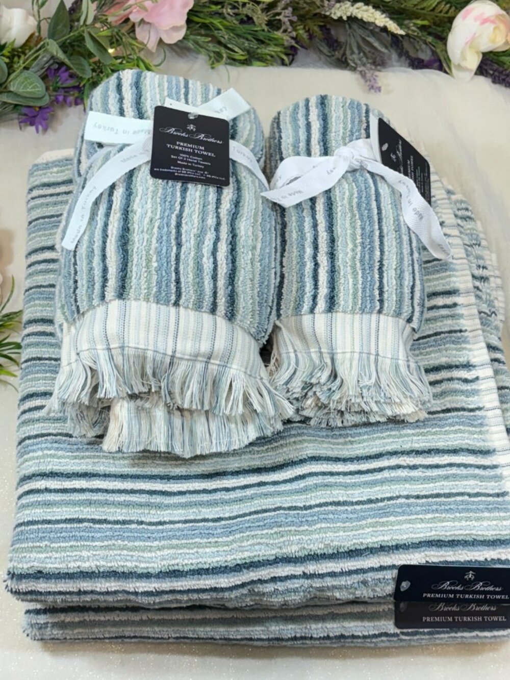 6pc BROOKS BROTHERS Premium Turkish Towel Set Striped Aqua Green Ombre New
